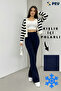 Women's Navy Blue High Waist Stretch Fabric Shaping / Sculpting Winter Pants with Fleece Lining Inside, Flared Months - 5