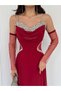 Burgundy Stone Embroidered Tulle Sleeves Waist Detail Evening Dress - 3