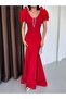Red Shoulder Detail V-Neck Stone Embroidered Evening Dress - 5
