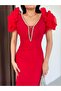 Red Shoulder Detail V-Neck Stone Embroidered Evening Dress - 4