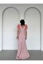 Powder Shoulder Detailed V-Neck Stone Embroidered Evening Dress - 5