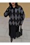 Women's Black Oversized Fleece-Lined Plaid Polo Neck Sweater 5593 - 7