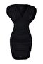 Siyah Düz Bodycon V Yaka Kolsuz Büzgülü Mini Esnek Örme Elbise TWOSS26EL00029 - 5