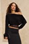 Siyah Asimetrik Yaka Dantel Garnili Party Bluz TPRSS26BZ00008