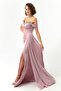Women's Powder Slim Fit Collar Stone Tail Long Evening Dress