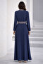 Indigo Hijab Dress with Embroidery on Collar and Belt - 2