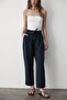 Women's High Waist Beaded Lace-Up Linen Trousers Dark Blue - 5