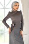 Floral Brooched Lace-Up Back Satin and Sequined Hijab Evening Dress Set Anthracite 1683 - 5
