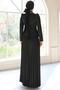 Stone and Pearl Detailed Pleated Satin Hijab Evening Dress Black 1682 - 7