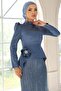 Floral Brooched Lace-Up Back Satin and Sequined Hijab Evening Dress Set Indigo 1683 - 4