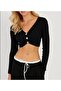 Women's Black Gathered Button Detailed Crop Blouse Be195 - 2