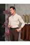 Men's Beige High Quality Mercerized Fabric Stripe Striped Buttoned Polo Neck Knitwear - 2