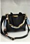 Women's Soft Leather 3-Compartment Hand, Arm, and Shoulder Bag with Black Scarf and Chain Accent