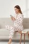 Red Heart Patterned Milan Fabric Shirt Collar White Women's Pajama Set - 4
