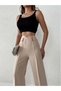 Women's Stone High-Waist Wide-Leg Palazzo Button-Detail Slim Fit Trousers