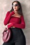 Burgundy Square Collar Finger Detailed Women's Bodysuit Sh211 - 4