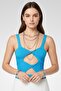 Women Ribbed Sleeveless Cut Out Bodysuit, Blue - 2