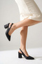 Women's Black Satin Fabric Asymmetrical Strap Pointed Toe Thick Heeled Shoes - 8