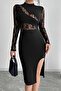 Women's Long Sleeve Turtleneck Lace Detailed Side Slit Mini Dress - 3