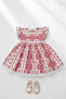 Ruffle Detailed Ethnic Patterned Poplin Red White Girl's Baby Dress - 2