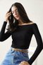 Women's Boat Neck Black Ribbed Knit Blouse – Long Sleeve Flexible Fit Top - 2