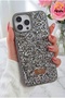 iPhone 16 Pro Max Case with Velvet Diamond Design (Remove the Gelatin) and Gray Stone Sparkling Diamond Silicone Cover - 3