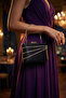Black Satin Stone Metal Handle Chain Strap Evening Bag - 2