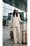Beige Cotton Basic Top and Bottom Set with Elastic Waist Detail - 2