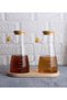 6 Pieces Bamboo Stand Set of 2 900 ml Glass Oil Pot and 3 Tea Sugar Turkish Coffee Storage Jar Set - 6