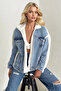 Dame Women's Ecru Blue Jean Paneled Zippered Lamb Plush Coat