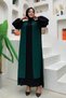 Two Color Piece Detail Balloon Sleeve Look Dress 3799 Emerald