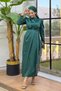 Skirt Tassel Detail Satin Evening Dress with Belt Accessory 3763 Emerald
