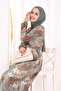 Printed Patterned Jumpsuit with Hidden Buttons on the Chest and Waist Belt 3486 Mint - 7