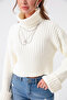 Women's Ecru Wide Corded Fabric Neckline Knitwear Crop Sweater - 4