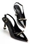 Women's Black Patent Leather Special Design Thin Heeled Stiletto with Gold Accessories