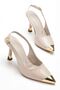 Women's Beige Patent Leather Gold Toe Detailed Special Design Thin Heeled Stiletto - 3