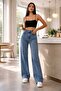 Medium Blue Snow Wash Stretch Fabric Super High Waist Loose Leg Denim Palazzo Pants - 5