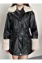 Long Leather Jacket with Fur Detail on the Collar and Cuffs - 6