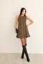 Khaki Suede Round Neck Sleeveless A-Line Above Knee Dress - 3