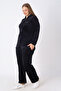 Women's Plus Size Black Hooded Soft Fleece Embroidered Pocket Zippered Long Sleeve Tracksuit Set - 5