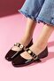 Colette Brown Patent Leather Ballerinas with Gold Buckle, Pearl and Seal Accessory Band - 4