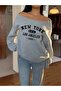 Women's New York 1996 Printed Boat Neck Oversize Gray Sweatshirt - 5