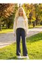 Women's Indigo Tie Waist K Ribbed Knit F Corded Fabric High Waist Pants Nj28