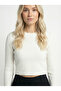 Women's Ecru Soft Textured Crew Neck Crop Sweater Nj10