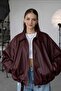 Women's Oversized ZR Model Bomber Buckled Belt Detail Leather Jacket