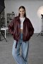 Women's Oversized ZR Model Bomber Buckled Belt Detail Leather Jacket - 3