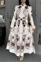 Women Ecru Big Flower Pattern Full Length Buttoned Imported Fabric Design Dress Nbms25107