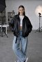 Women's Oversized ZR Model Bomber Buckled Belt Detail Leather Jacket - 3
