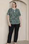 Women's Plus Size Green Patterned V-Neck Lace-Up Stylish Blouse - 3