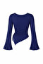 Navy Blue Crew Neck Draped Detail Bell Sleeve Modest-Compatible Top Blouse - 2